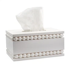 Beaded Tissue Box Cover, Rectangular White; Rustic Farmhouse Wood Tissue Holder