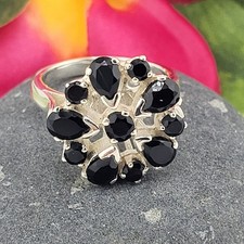 Statement Cluster Flower Black Onyx and 925 Sterling Silver Ring Size 8.75