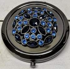 Gunmetal 2 Shades Of Blue Rhinestones Mirror Compact Unsigned Good Condition 