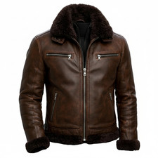 Men's Brown Distressed Leather Jacket Shearling Fur Lined Bomber Jacket