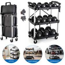 Folding Collapsible Utility Service Cart 3 Shelf 150LB w/ Swivel Lockable Wheels