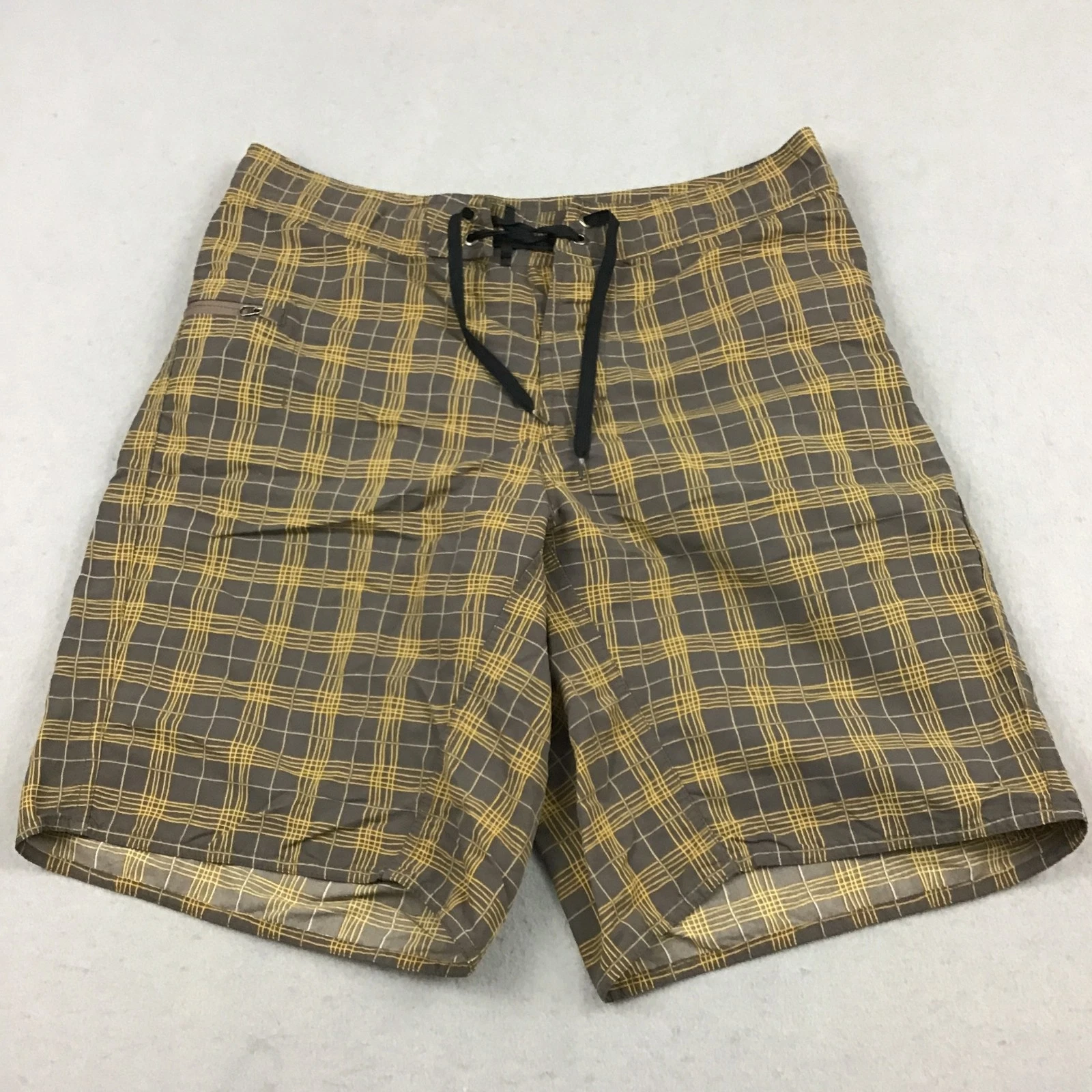 Patagonia Shorts Men 32 Brown Plaid Boardshorts Zip Pocket Quick Dry Outdoors