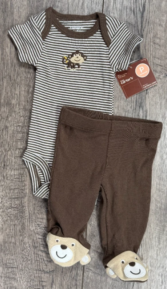 Baby Boy Clothes New Vintage Carter's Preemie Brown Monkey Footed Outfit