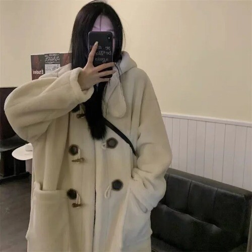 Lamb Wool Coats Woman Fleece Hoodies Jacket Cowhorn Button Loose Coat Winter - Bild 21 von 22
