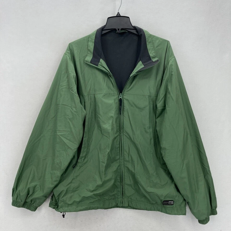 REI Full Zip Windbreaker Jacket Mens XL Green Nylon Long Sleeve Mock Neck Hiking