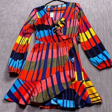Express Fit & Flare Wrap Dress Womens Small Multi Colorblock Ruffle V Neck NEW