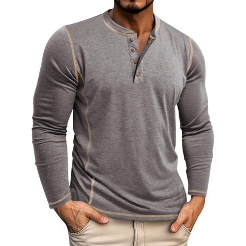 Men's Solid Color Long Sleeved T-shirt Autumn Mens Henley Shirt Four Button Tops - Picture 23 of 43
