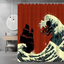 Octopus and Ship Wave Shower Curtain Nautical Ocean Print