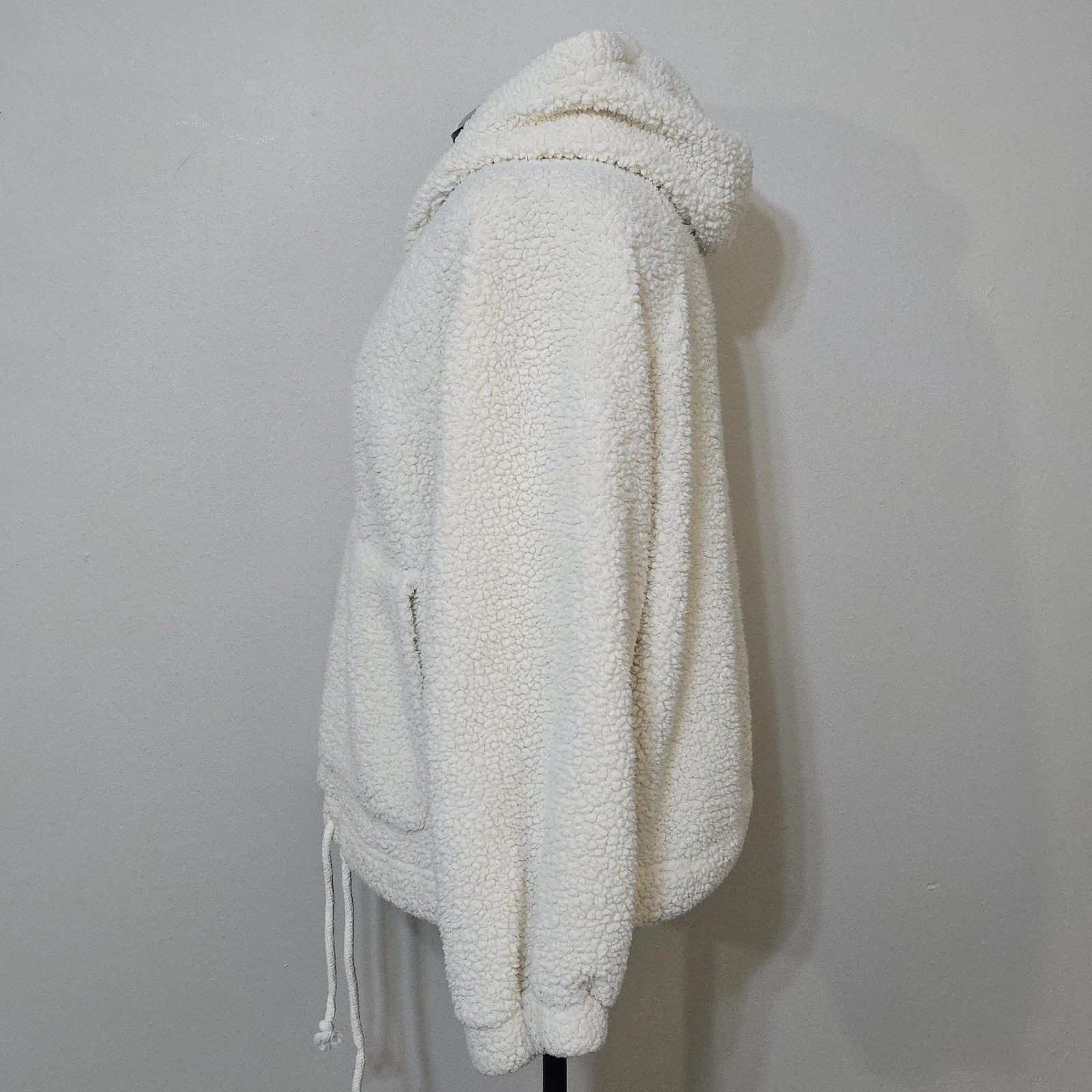 OFF WHITE American Eagle Felpa con Cappuccio Sherpa Teddy Pullover Oversize BoXy Crema Avorio Donna M