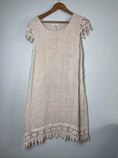 Martina Innocenti 100% Linen Dress Sz M Beige Lace Knit Trim Italy Boho Cottage