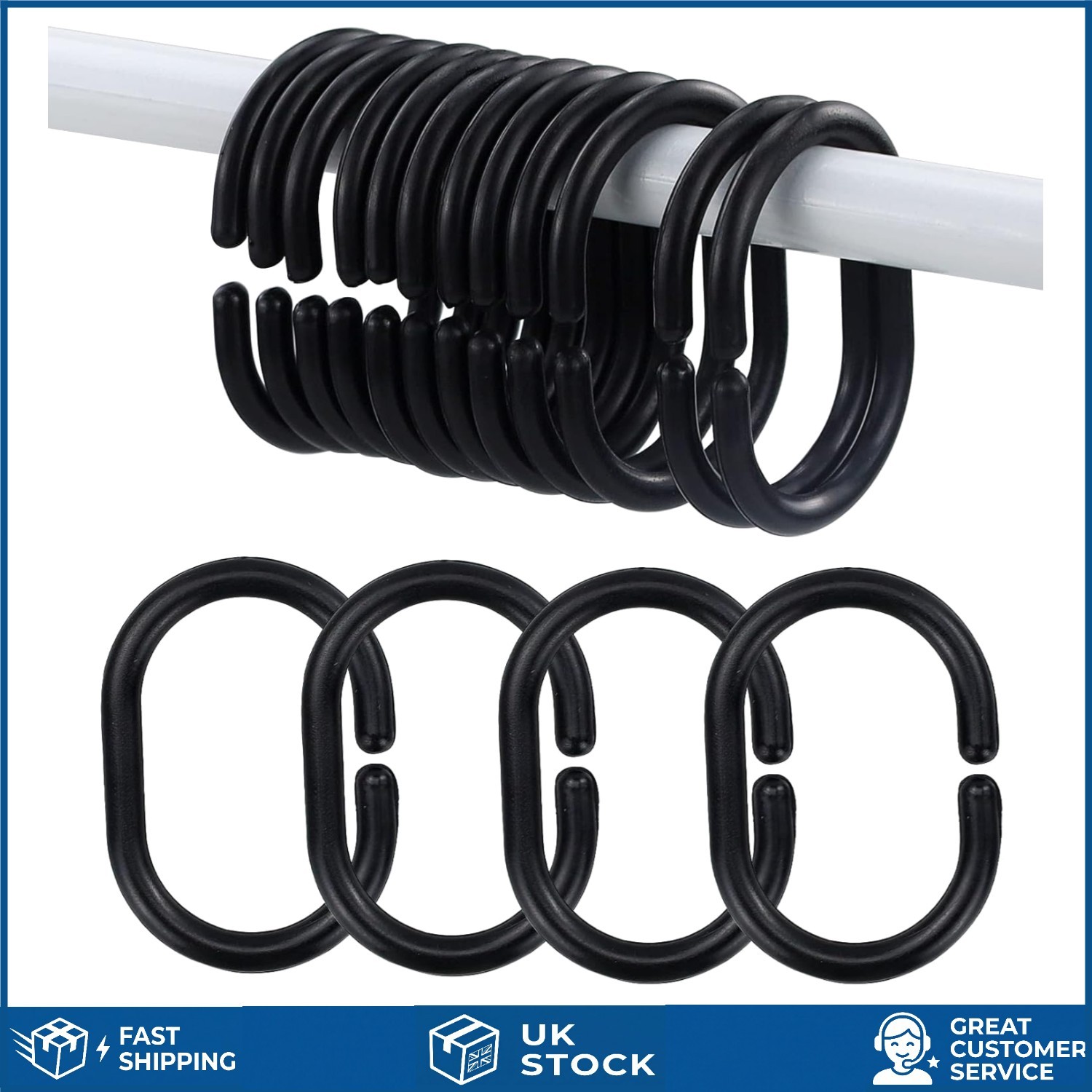 Smooth Sliding C-Shaped Plastic Shower Curtain Hooks in Black, 12 Pack