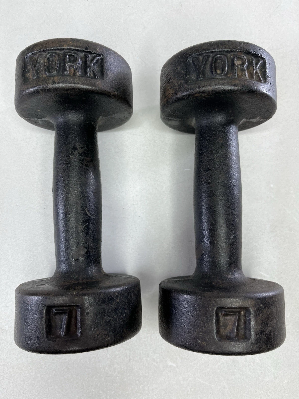 Vintage York Barbell Roundhead Dumbbells 7 lb Pounds Total Of 14 lbs Made USA