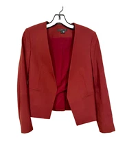 Theory Delaven Blazer Open Jacket Sz 2 Red Wool Blend Long Sleeve Career Office