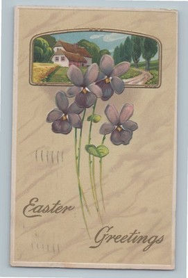 Easter Greetings Beautiful Picture of Home Purple Vintage Holiday Postcard G6