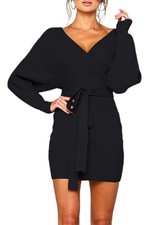 Zonsaoja Womens Long Sleeve Backless Wrap Knitted Mini Dresses Black XL