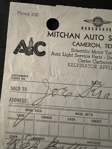 Vintage 1951 MITCHAN AUTO SUPPLY Co Bill Head CAMERON TEXAS Kelvinator - Foto 4 di 6