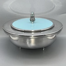 Vtg B W Buenilum Turquoise Blue Aluminum Footed Serving Dish W/ Lid MCM Atomic