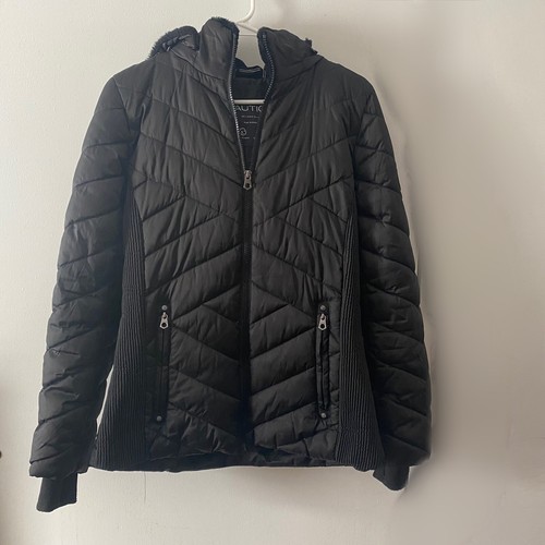 NAUTICA Women's Black Jacket Size Small S Quilted Coat Detachable Hood Warm