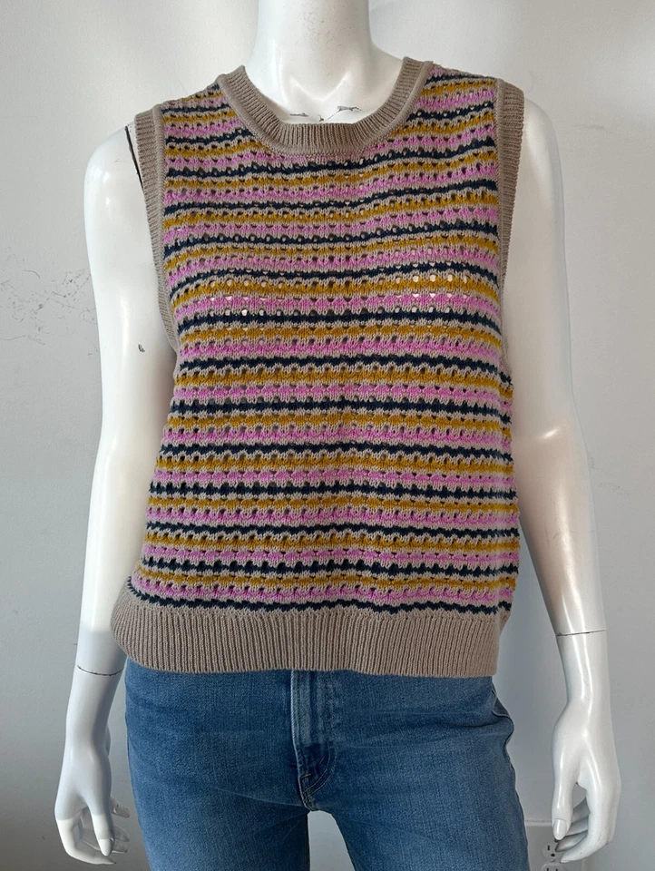 Camiseta sin mangas blanca y Warren de algodón y lino tejido abierto a rayas grande topo Foto 2 de 4