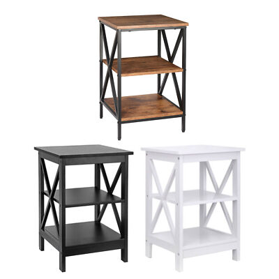 End Table 3-Tier 24'' Square X-Design Side Table Storage Shelf Black/White/Brown