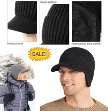 Knit Winter Beanie Hat with Brim for Men Women Warm Earflap Cap Hat for Outdoor