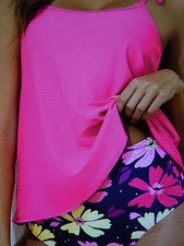Pink High Waisted Tankini - XL 16-18 - Flowers - New - Multi Color