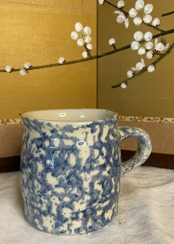 Vintage Roseville Friendship Pottery Blue Spongeware Coffee Cup Mug 3.5" tall