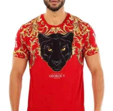 Avenue George V Paris T-Shirt Black Panther  Rhinestone Men's Red Shirt