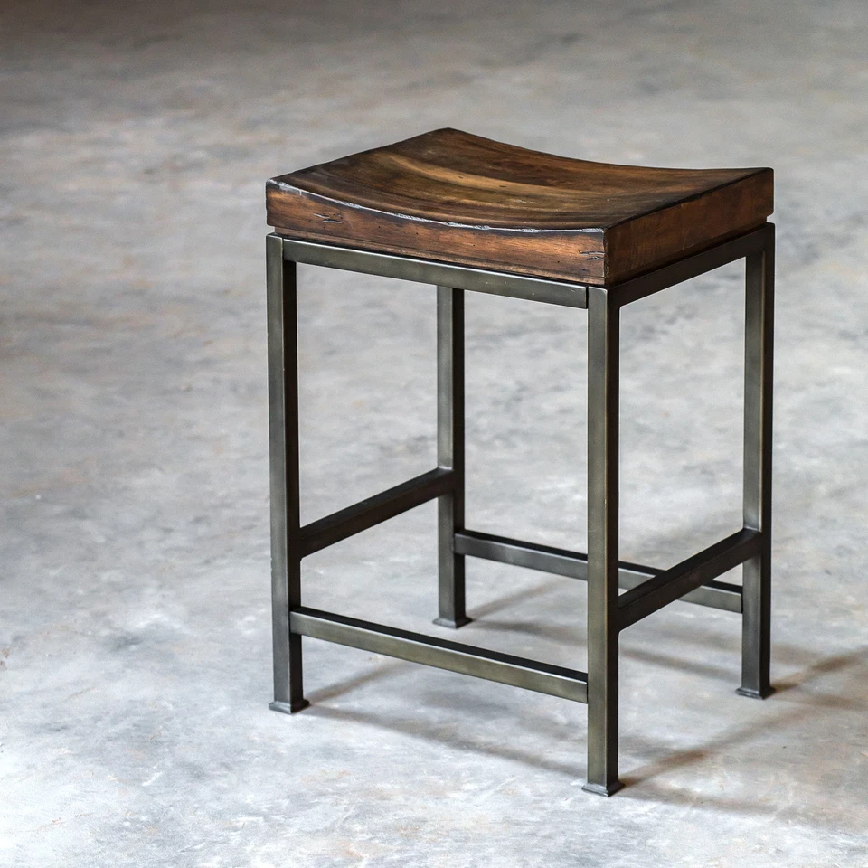 Luxe Minimalist Industrial Wood Iron 24in Counter Stool Curved Seat Steel Walnut - Image 2 of 4