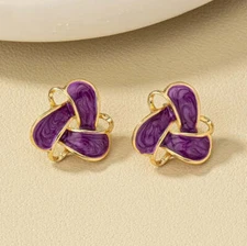 Pierced gold and purple woven button style earrings
