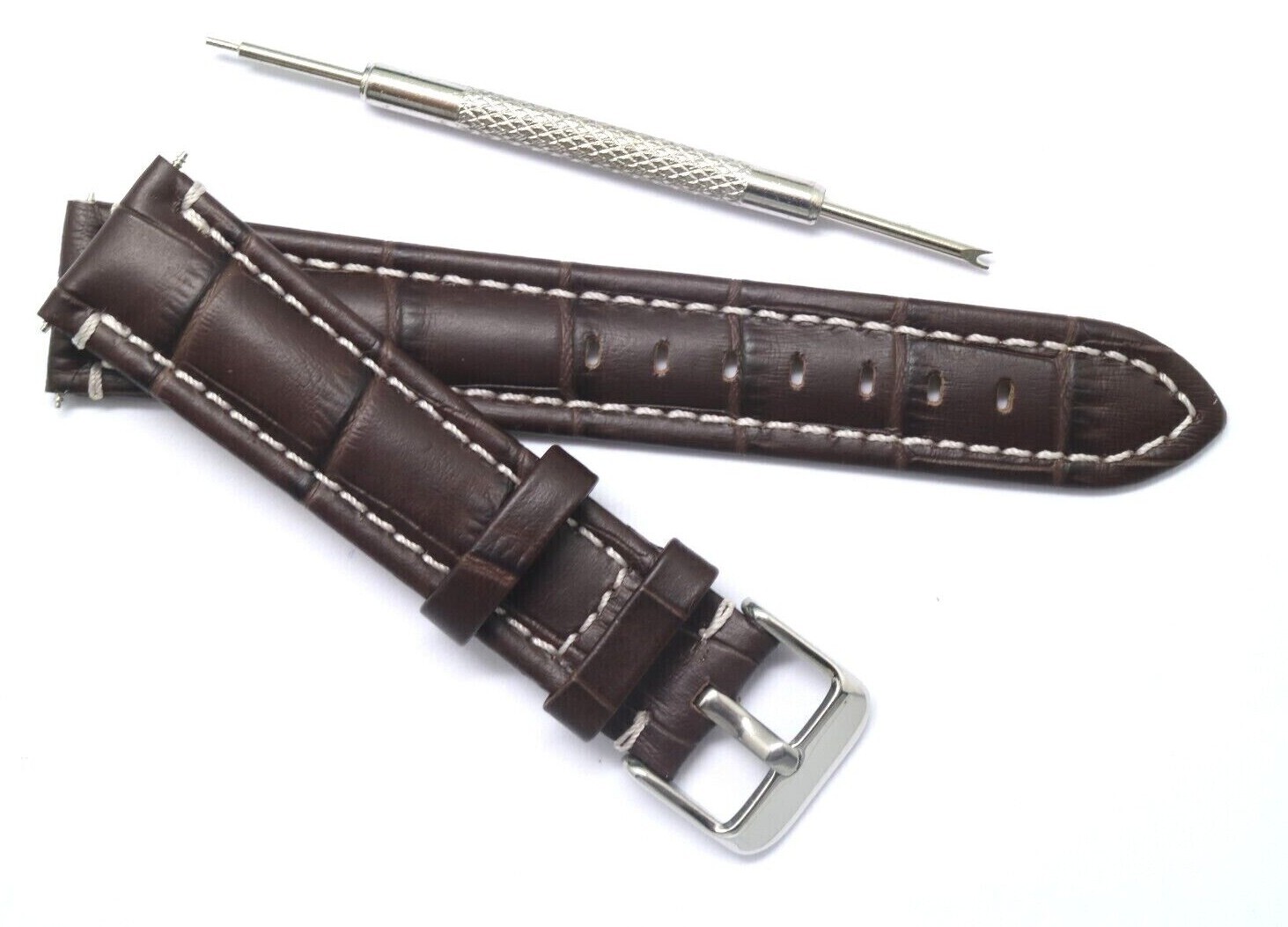 20mm Brown&sol;White Croco Embossed Leather Replacement Watch Band Strap With Tool