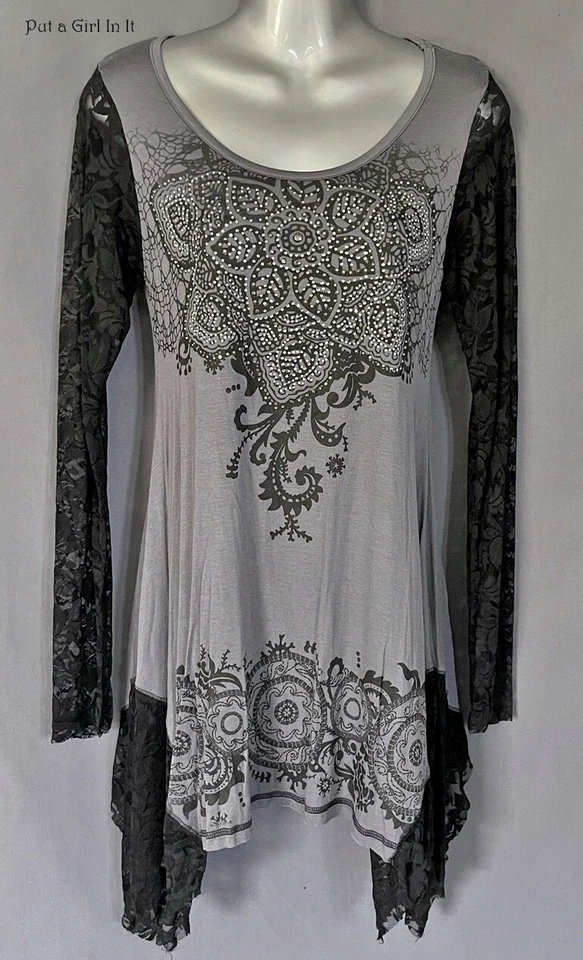 Nuevo VOCAL Mujer CRISTAL GRIS NEGRO MEDALLÓN ENCAJE ACAMPANADO CAMISA TÚNICA S M L XL