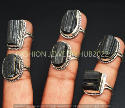 Black Titanium Gemstone Handmade Rings 5pcs Lot 925 Silver Plated Jewelry