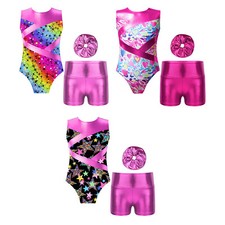 Girls Dancewear Sleeveless Set Gymnastics Outfits Printed Shorts Breathable