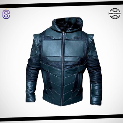 Men's Green Arrow S5 Cosplay Costume   Hooded Biker Leather Jacket |Gift For Him
