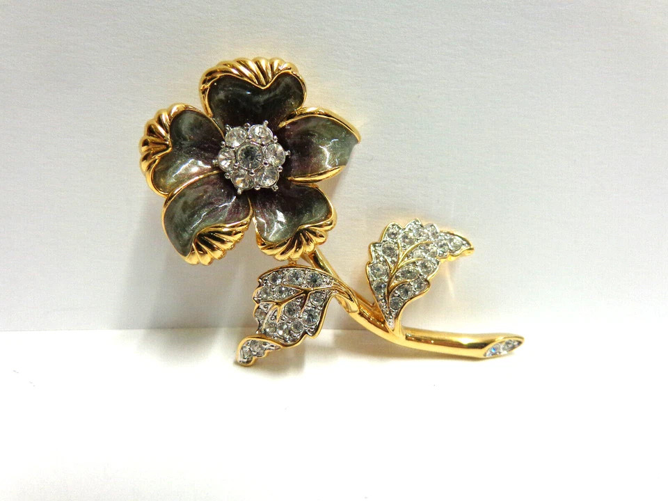 Nolan Miller Brooch/pin flower design rhinestones/gray enamel sz 2.5 in tall wgt - Image 2 of 4