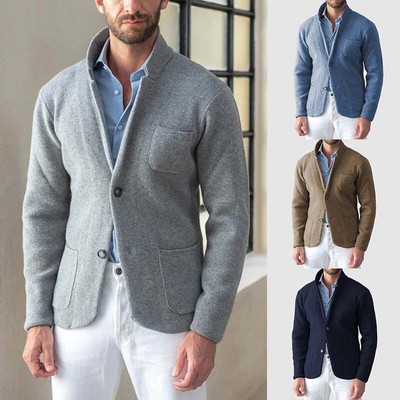 New Mens Fashion Retro Casual Stand Up Collar Simple Solid Color Cardigan Jacket