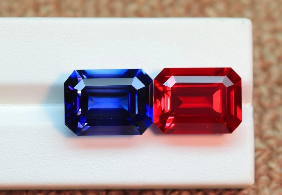 Par de piedras preciosas sueltas 13x10 mm rubí rojo natural y zafiro azul certificado GIE Foto 2 de 4