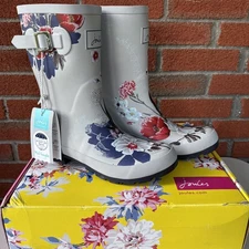 NEW Women’s Joules Molly Welly Silver Grey Floral Rain Boots - Size 9 - Wellies
