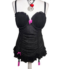 La Senza Y2K Size M Babydoll Vintage Lingerie Cami Black Pink Bow Goth Glam