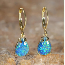 9ct Gold Gf Opal White Fire Stone Teardrop Boho Lever Back Earrings
