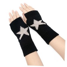 Fingerless Star Printed Knitted Gloves - Wrist Warmers Mittens Knitted Black