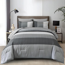 Grey Comforter Set King, Reversible Grey Striped down Alternative Comforter for