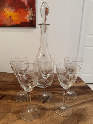 Vintage 6-Pc Roumania Etched Crystal Decanter Set, Frosted Floral & Rose Leaves