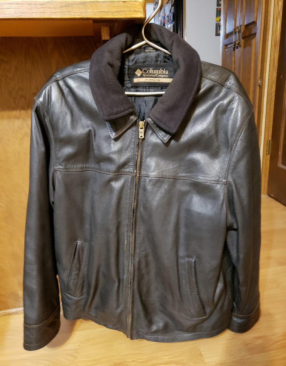 Mens Columbia Black Leather Coat Dual Layer Inner Fleece Jacket