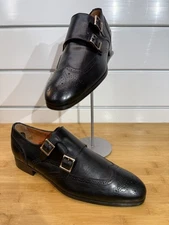 Santoni Double Monk Strap Brogue Leather Wingtips Black – US 7 Made in Italy B21