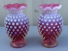 PAIR Vintage Fenton Vase Cranberry Opalescent Hobnail Glass Bud Vase Ruffle Rim