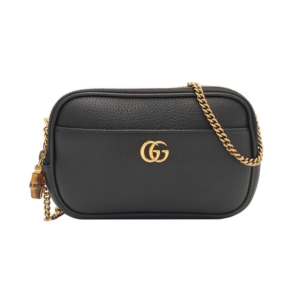 Gucci GG Bamboo Double Zip Chain Crossbody Bag in Black Leather