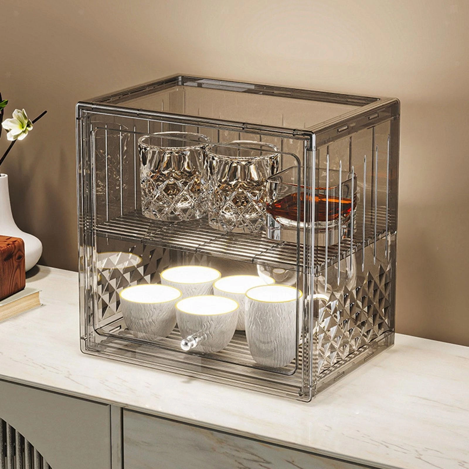 Display Case for Figures Double Layer Bread Box Multiuse Kitchen Organizer