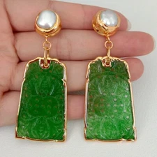 Cultured White Pearl Green Jade Carved Dangle Stud Earrings